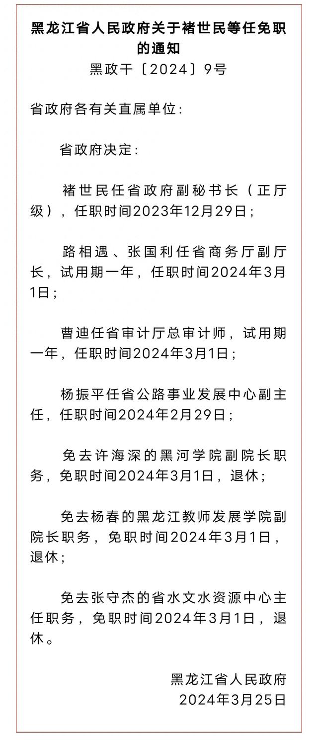 黑龙江省最新人事变动及任免公告揭晓